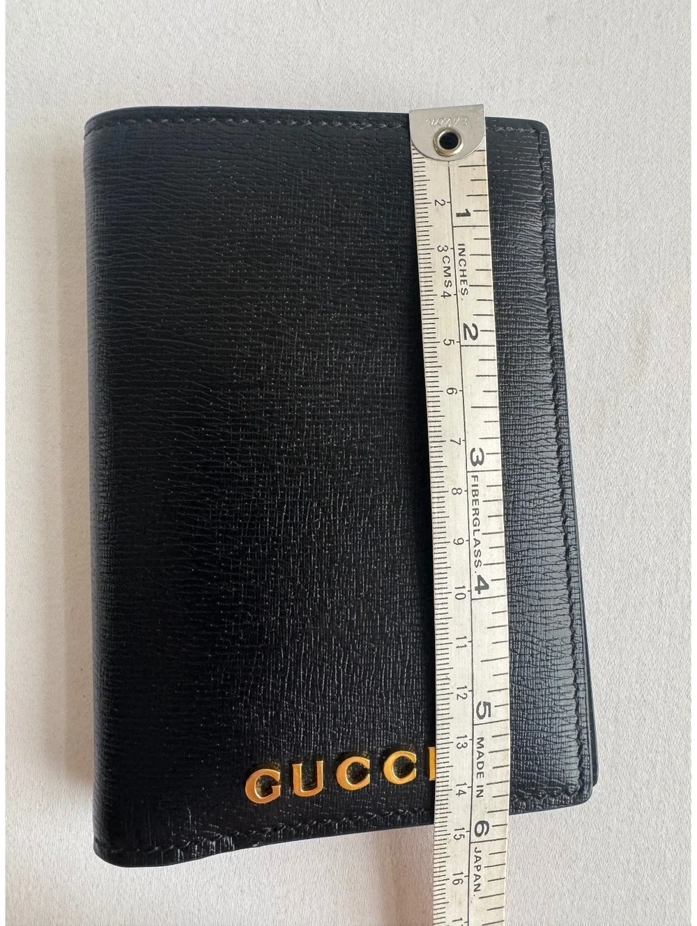 Gucci Black Leather Passport Cover Wallet Gold Logo Made in Italy